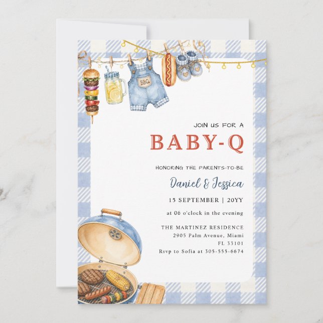 Invitation Baby Q BBQ Shower Bébé Gingham Bleu Bohème (Devant)