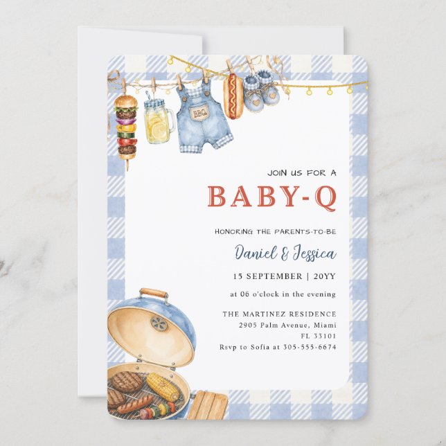 Invitation Baby Q Fête Prénatale Backyard Gingham Bleu (Devant)