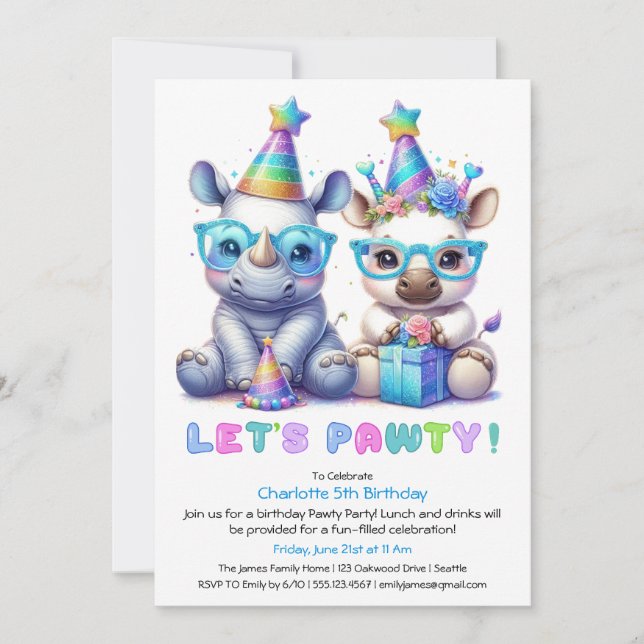 Invitation Baby Rhino adorable Anniversaire - Parties scintil (Devant)