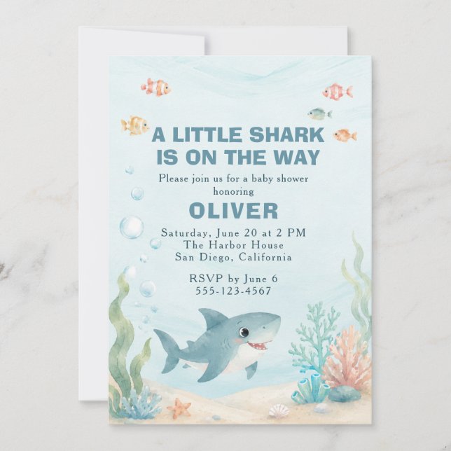 Invitation Baby-Shark Fête de Naissance Aquarelle (Devant)