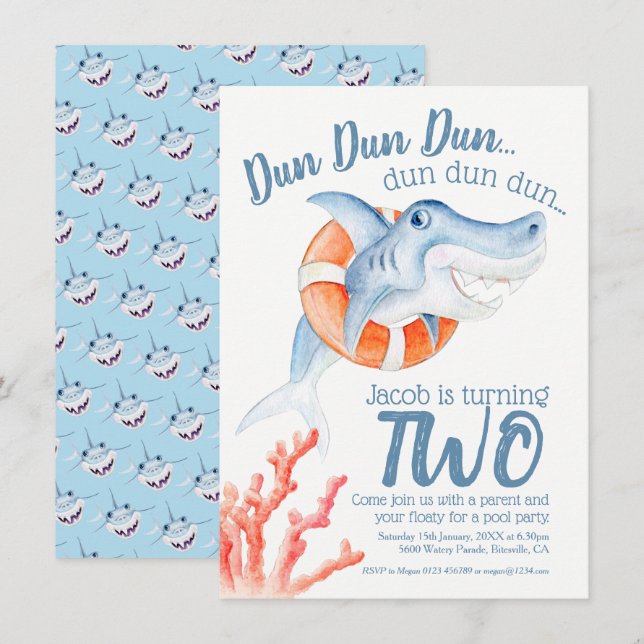Invitation Baby shark swim lifesaver 2nd birthday (Devant / Derrière)