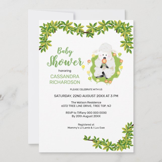 Invitation Baby-Shawer Agneau Vert Neutre (Devant)