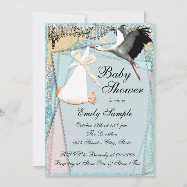 Invitation Baby-Shour de cigogne vintage (Devant)