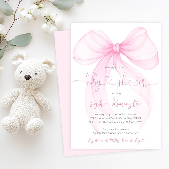 Invitation Baby-Show avec un élégant nœud rose (Delicate pink bow baby shower invitation. Simply add your event details.)