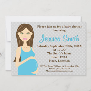 Invitation Baby-Show d'une femme enceinte brune en robe bleue