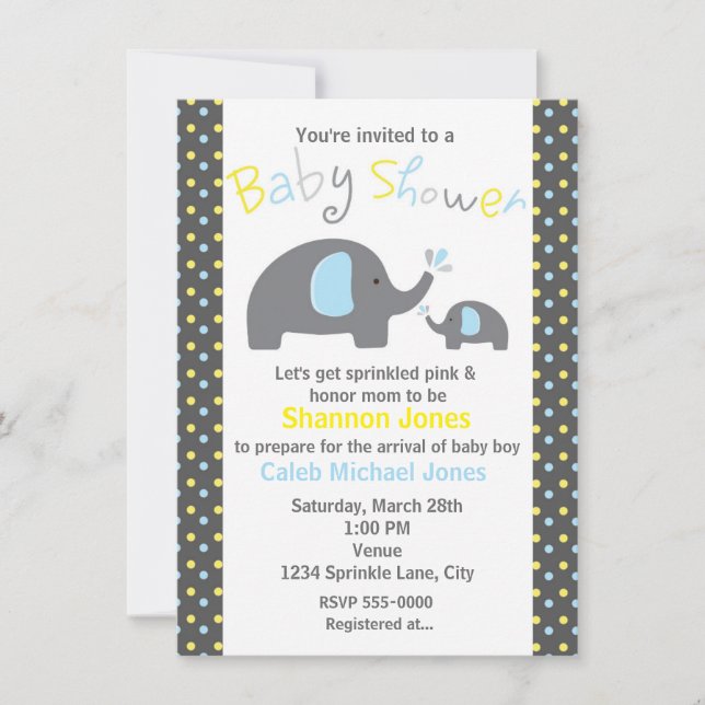 Invitation Baby Shower 2 éléphants à pois bleus (Devant)