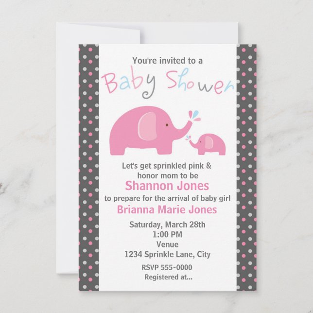 Invitation Baby Shower 2 éléphants roses à pois (Devant)