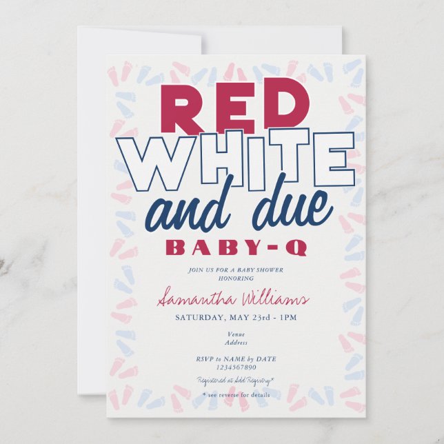 Invitation Baby shower 4 juillet BBQ Blanc Rouge et BABY-Q Dû (Devant)