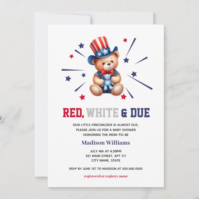 Invitation Baby shower 4 juillet Ours Rouge Blanc (Devant)