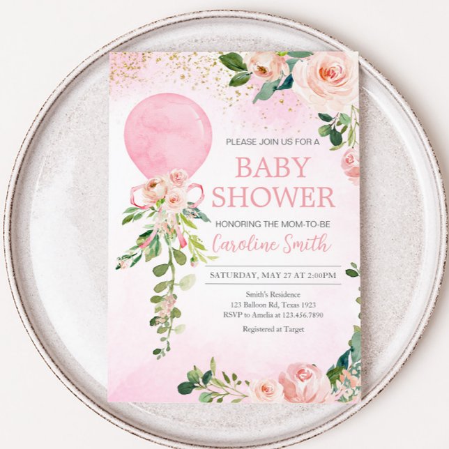 Invitation Baby shower à ballets floraux rose verdoyant (Pink Floral Greenery Balloon Baby Shower Invitation
)