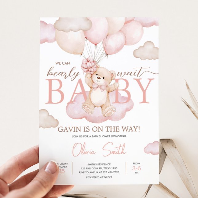Invitation Baby shower à ballets pour bébé rose (Pink Bearly Wait Baby Bear Balloon Baby Shower Invitation
)