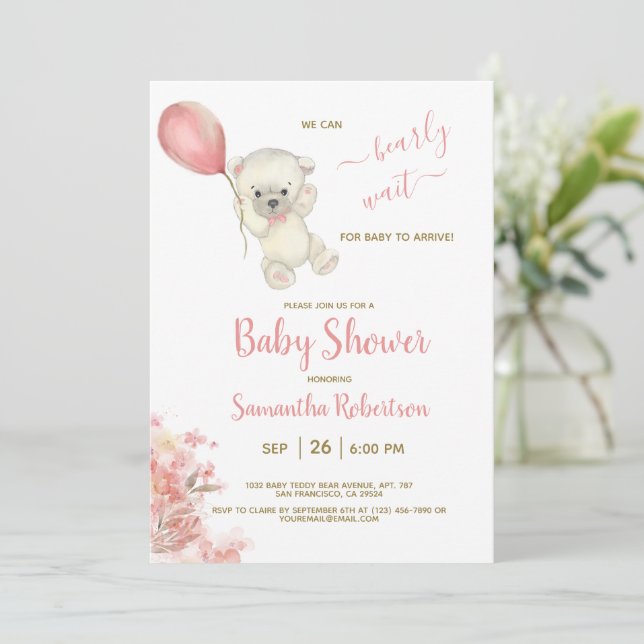 Invitation Baby shower à ballets roses de l'ours polaire Boho (Debout devant)