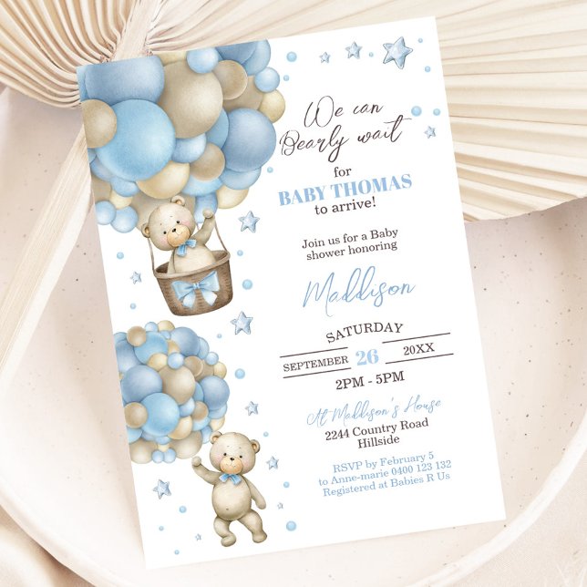 Invitation Baby shower à ballon à air chaud de l'o (Teddy Bear Hot Air Balloon Baby Shower Invitation Boy)