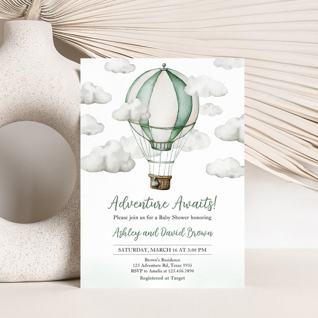 Invitation Baby shower à ballon à air chaud vert (Gender Neutral Travel Baby Shower Invitation)