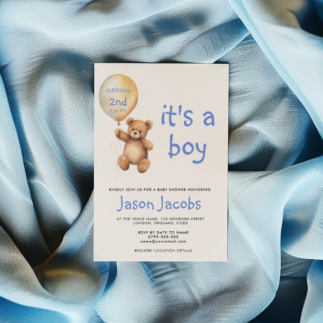 Invitation Baby shower à ballon flottant à ours en peluche mi (Cute teddy bear floating balloon baby shower invitation, with space for you to add the date and time)