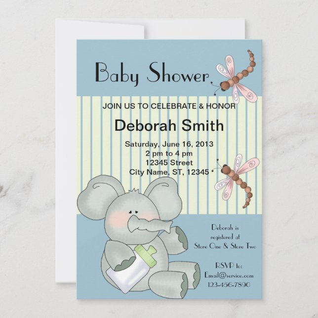 Invitation Baby shower à bande bleue de libellule éléphant (Devant)