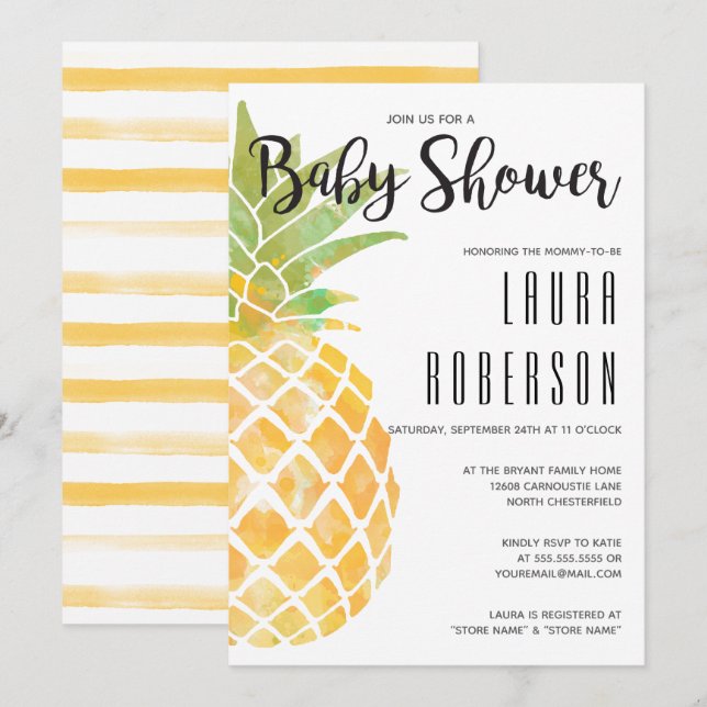 Invitation Baby shower à bande d'ananas en Aquarelle (Devant / Derrière)