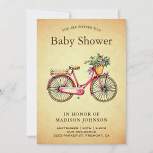 Invitation Baby shower à bicyclette rose Vintage