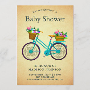 Invitation Baby shower à bicyclette Turquoise rétro Vintage