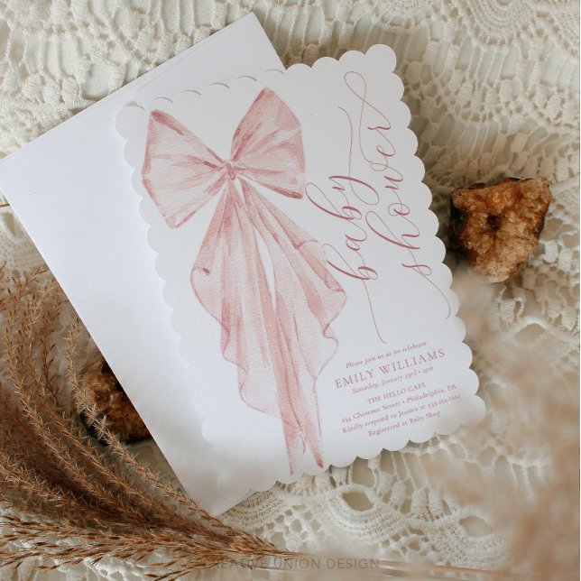 Invitation Baby shower à boue rose - Ruban d'aquarelle minima (Girl Baby Shower, Minimalist Baby Shower, Bow Baby Shower, Pink Bow)