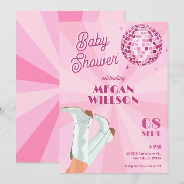 Invitation Baby shower à boules disco bottes super roses (Devant / Derrière)