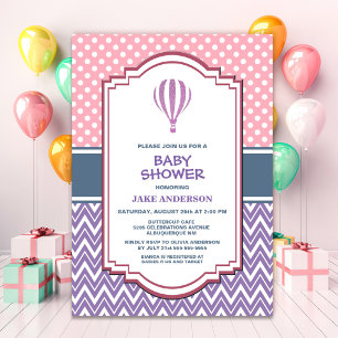 Invitation Baby shower à bulle à air chaud à rayures violette