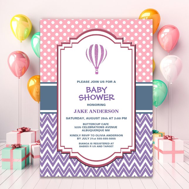 Invitation Baby shower à bulle à air chaud à rayures violette (Créateur téléchargé)
