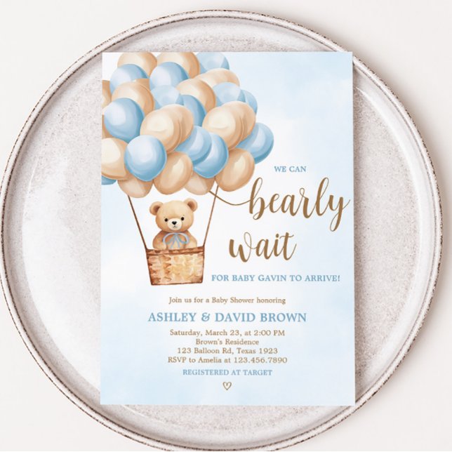 Invitation Baby shower à bulle à air chaud Blue Bear (Boy Boho Bear Baby Shower Invitation)