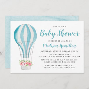 Invitation Baby shower à bulle à air chaud Blue Watercolor