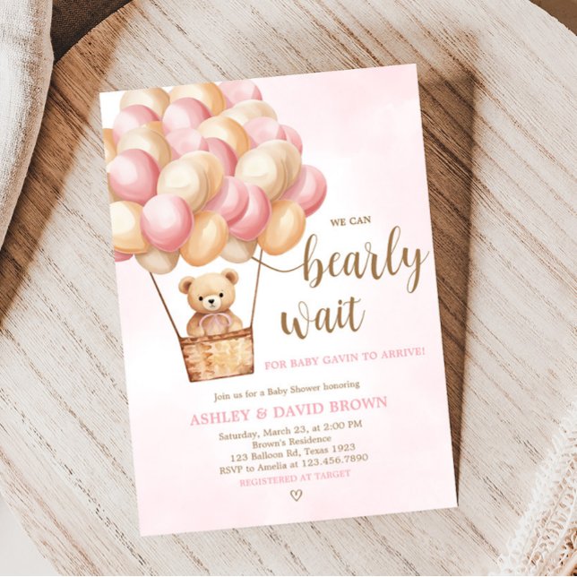 Invitation Baby shower à bulle à air chaud de l'ours rose (Girl Bear Boho Baby Shower Invitation)