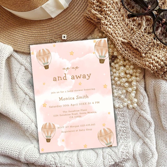 Invitation Baby shower à bulle à air chaud rose Elegant (Pink Elegant Cloud Hot Air Balloon Baby Shower Invitation)