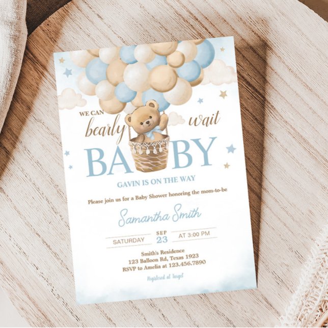 Invitation Baby shower à bulle à air chaud Teddy Bear (Boho Blue Bear Baby Shower Invitation)