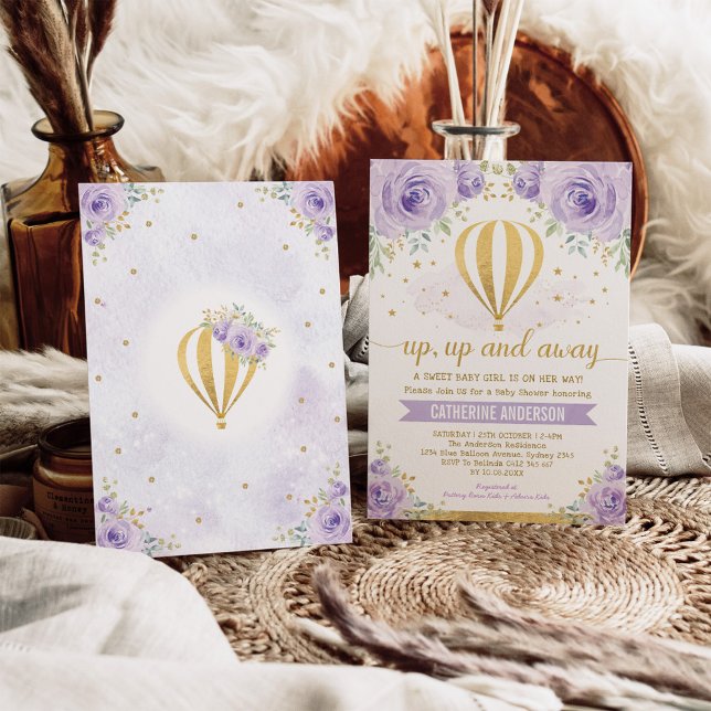 Invitation Baby shower à bulle à air chaud violet vers le hau (Créateur téléchargé)