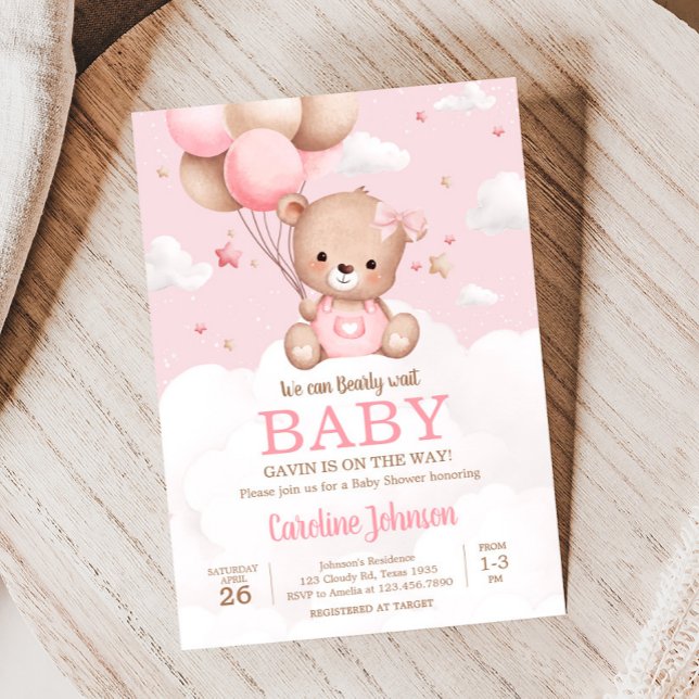 Invitation Baby shower à bulle rose Teddy Bear Nuages (Pink Girl Teddy Bear Clouds Balloon Baby Shower Invitation)
