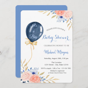 Invitation Baby shower à bulles bleu Fleurs