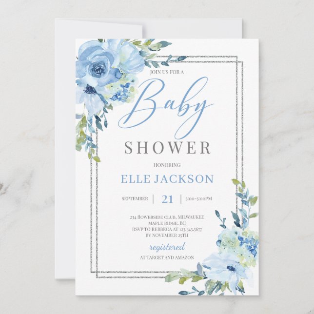 Invitation Baby shower à cadre argenté bleu clair tendance (Devant)