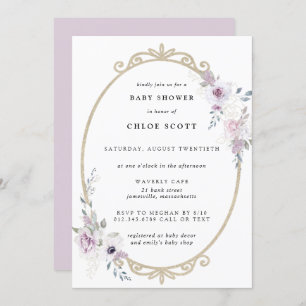 Invitation Baby shower à cadre d'or flou violet