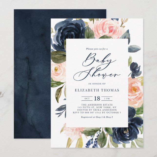 Invitation Baby shower à cadre floral couleur bleu marine (Devant / Derrière)