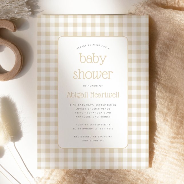 Invitation Baby Shower à carreaux Gingham Beige (Créateur téléchargé)
