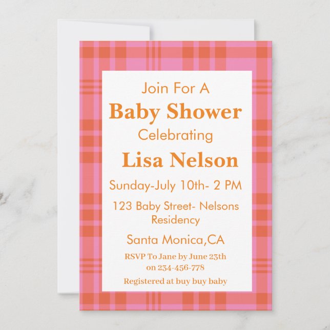 Invitation Baby Shower à carreaux gingham orange rose (Devant)