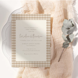 Invitation Baby Shower à carreaux Gingham Taupe Beige Neutre