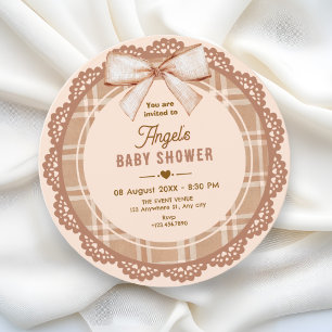 Invitation Baby shower à carreaux marron beige avec noeud