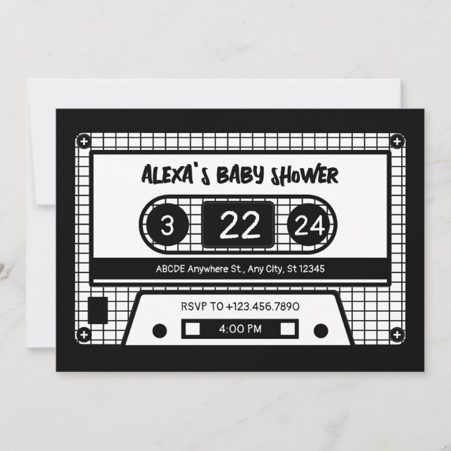 Invitation Baby shower à cassette noir et blanc (Devant)