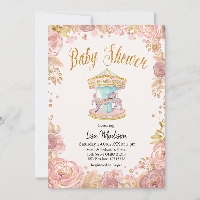 Invitation Baby shower à cheval Carousel Parties scintillant  (Devant)