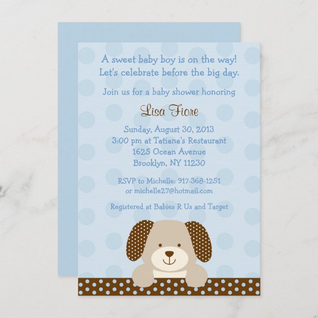 Invitation Baby shower à chiot bleu (Devant / Derrière)