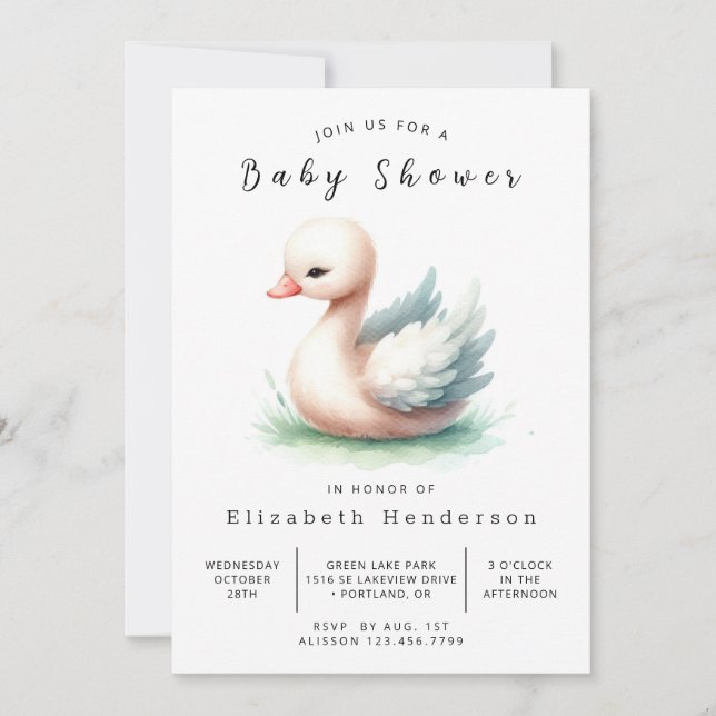 Invitation Baby shower à cygne chic et imprimable (Devant)