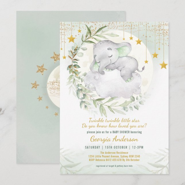 Invitation Baby shower à deux étoiles pour éléphant de verdur (Devant / Derrière)