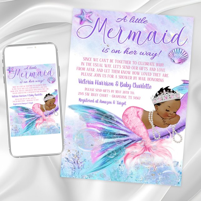 Invitation Baby Shower à distance par la poste sur le thème d (Cute mermaid baby shower invitation. Instant download and printed invitations available.)