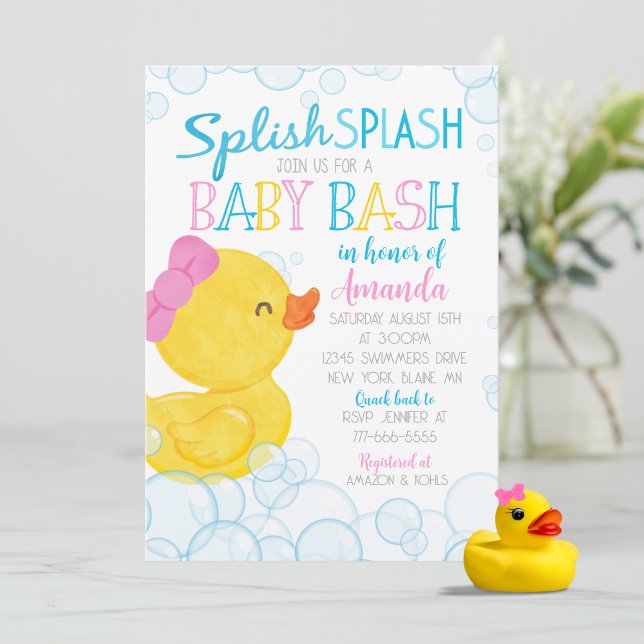 Invitation Baby shower à éclaboussure de canard en caoutchouc (Splish Splash Watercolor Girl Rubber Duck Baby Shower Invitations)