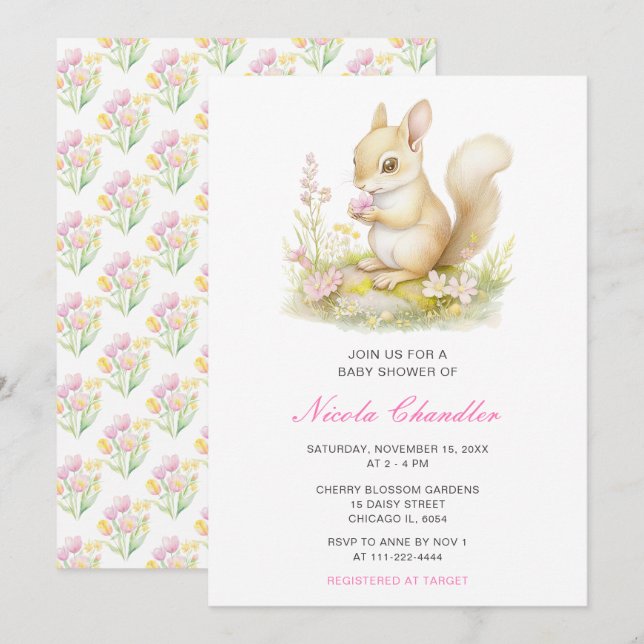 Invitation Baby shower à écureuil de printemps (Devant / Derrière)